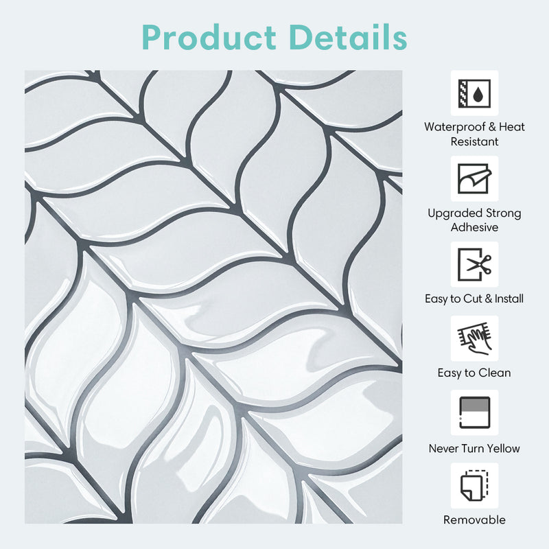 White Leaf Shaped Peel and Stick Backsplash Tile