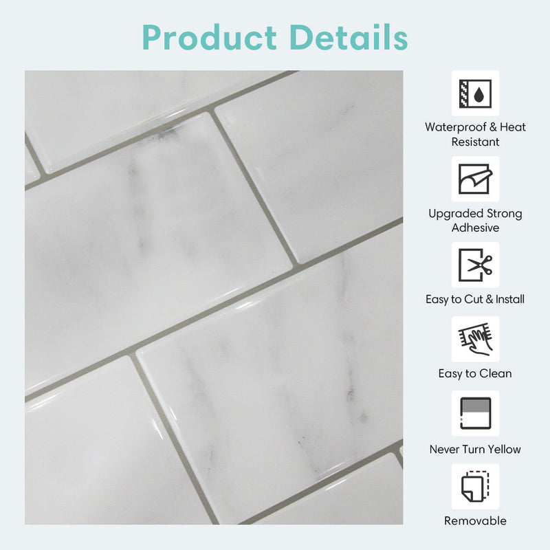 Carrara Marble Subway Peel and Stick Backsplash Tile - Thicker Design