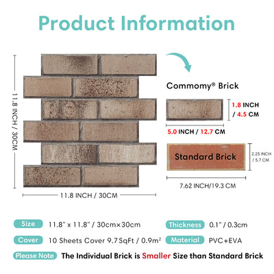 3D Coffee Brown Brick Peel and Stick Wall Tile