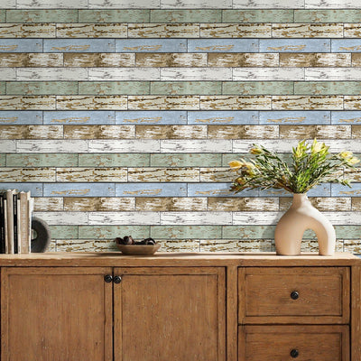 3D blau-grüne horizontale Wandfliese aus Holzbrettern zum Abziehen und Aufkleben