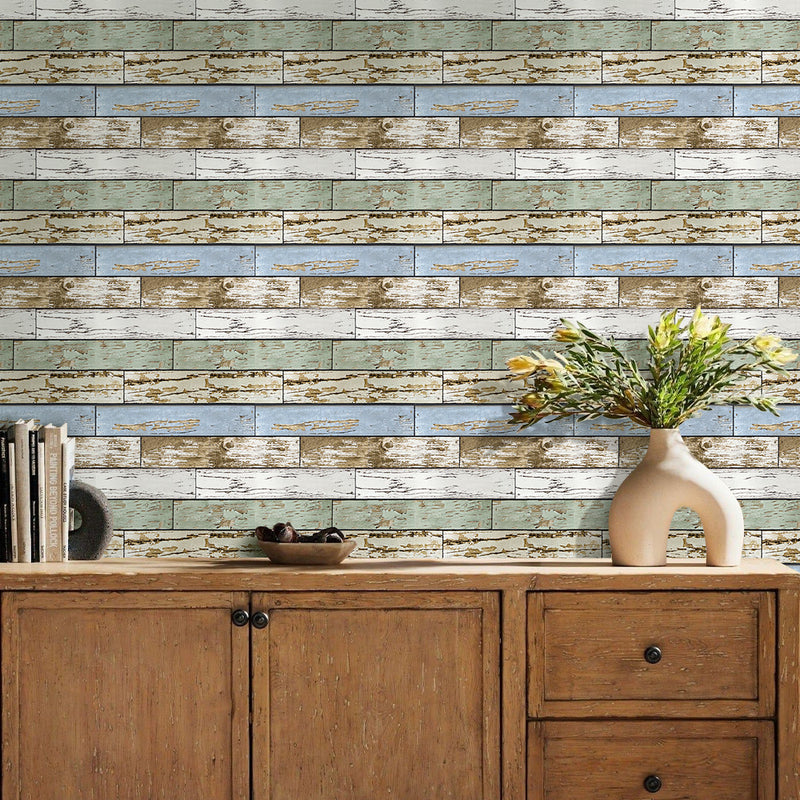 3D blau-grüne horizontale Wandfliese aus Holzbrettern zum Abziehen und Aufkleben