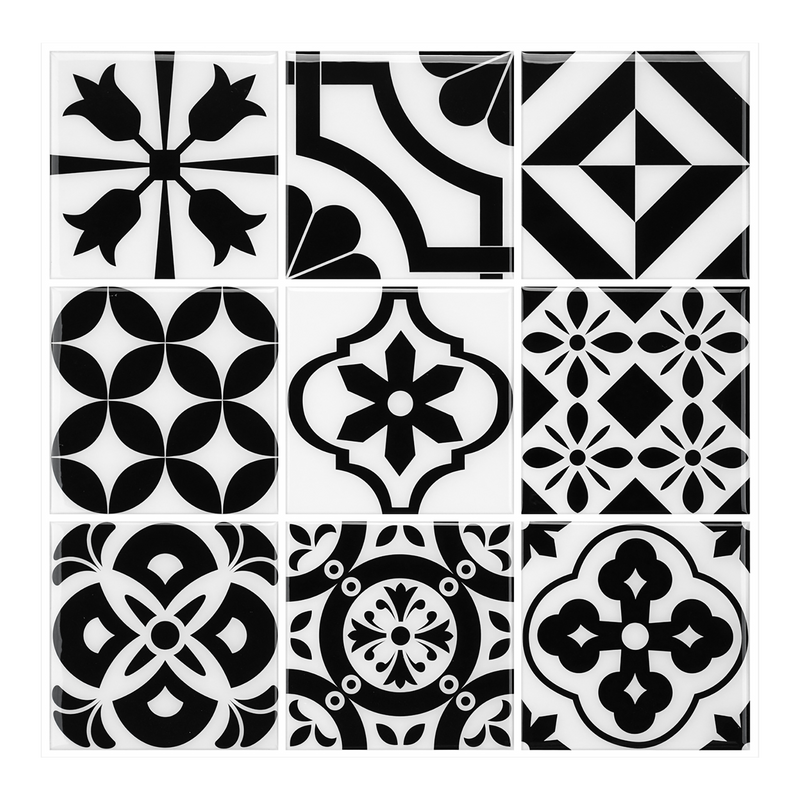 Azulejo protector contra salpicaduras cuadrado español en blanco y negro Peel and Stick