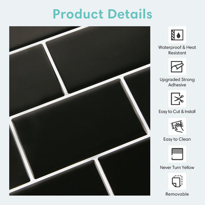 Placa para salpicaduras de azulejos Black Subway Peel and Stick - Diseño más grueso