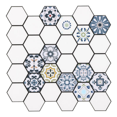 Blue and White Vintage Hexagon Peel and Stick Vinyl Floor Tile Sticker_Commomy_Decor