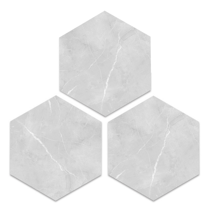 Adhesivo de vinilo para baldosas de suelo despegable y adherible con forma hexagonal de mármol gris