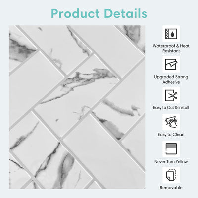 Carrara Marble Herringbone Peel and Stick Tile Backsplash - Thicker Design