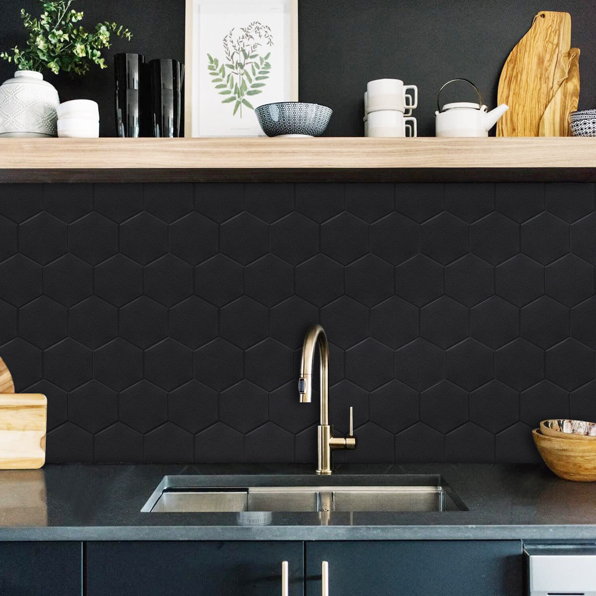 Deep Black Hexagon Peel and Stick Backsplash Tile - Thicker Design Mat ...