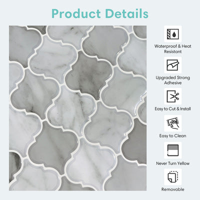 Azulejo de mármol gris Arabesque Backsplash Peel and Stick Tile - Diseño más grueso 