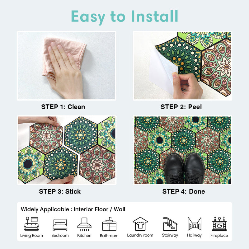Sticker Tile Designs Green Boho Vintage Peel and Stick Vinyl Floor Tile Sticker – Commomy