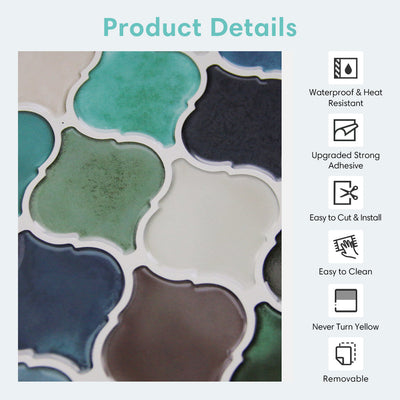 Green and Blue Arabesque Peel and Stick Tile Backsplash - Thicker Design