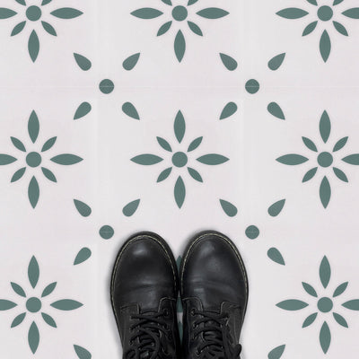 Etiqueta engomada verde y blanca del azulejo del piso del vinilo de la cáscara y del palillo de la flor de Boho