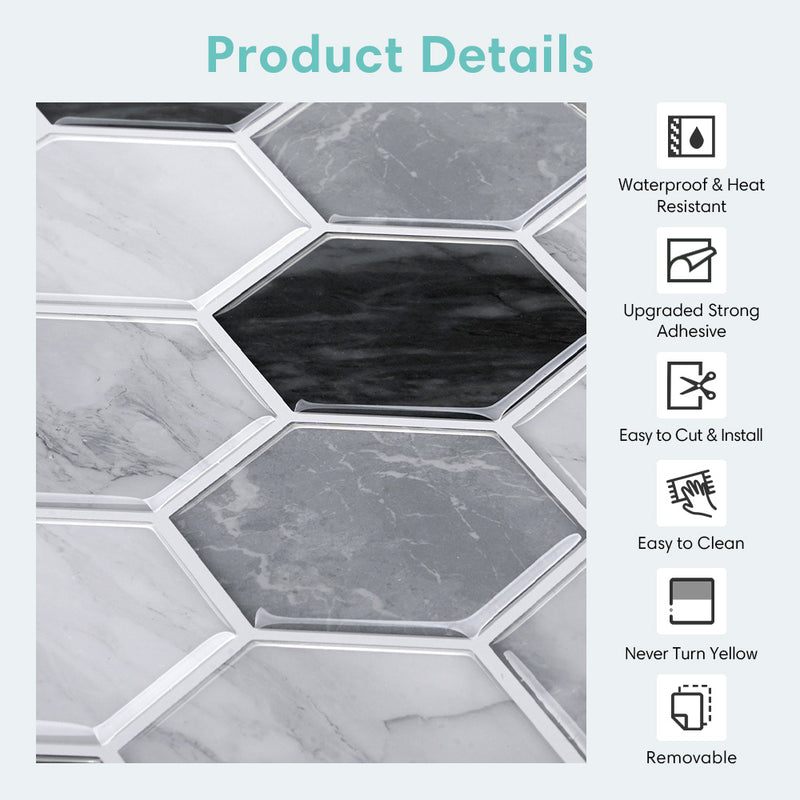 Grey Marble Hexagon Peel and Stick Backsplash Tile