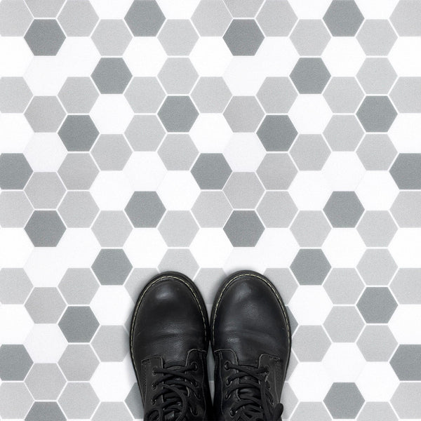 Grey and White Hexagon Peel and Stick Vinyl Floor Tile Sticker