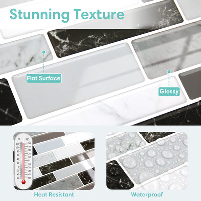 Grey and Black Marble Peel and Stick Tile Stickers
