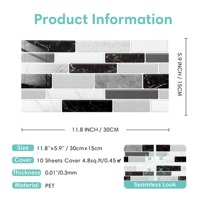 Grey and Black Marble Peel and Stick Tile Stickers