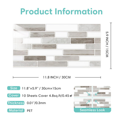 Grey and White Marble Peel and Stick Tile Stickers