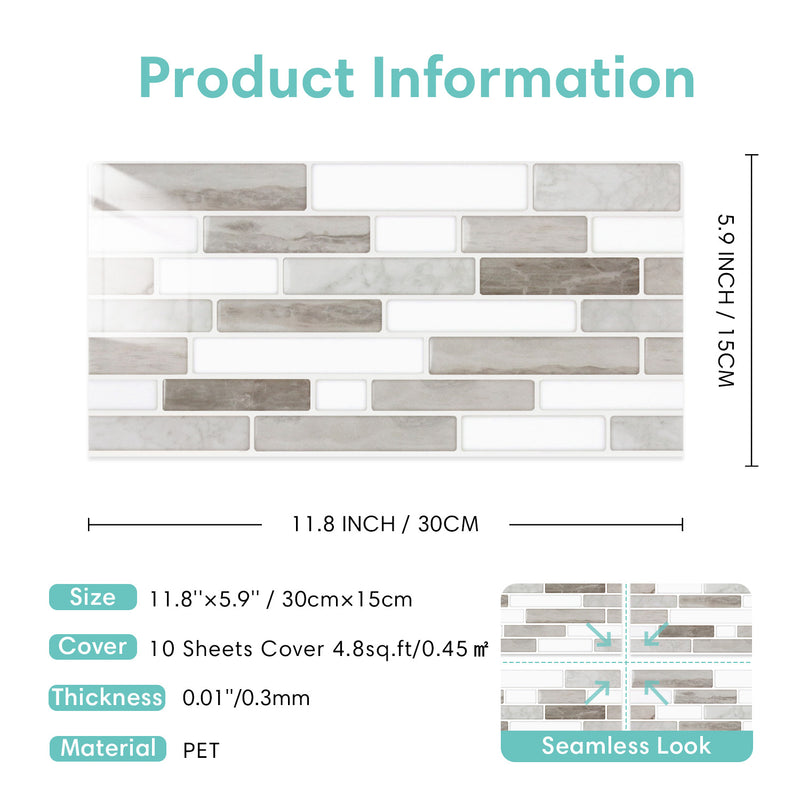 Grey and White Marble Peel and Stick Tile Stickers