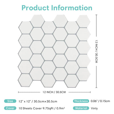 White Hexagon Backsplash Peel and Stick Tile - Thicker Design