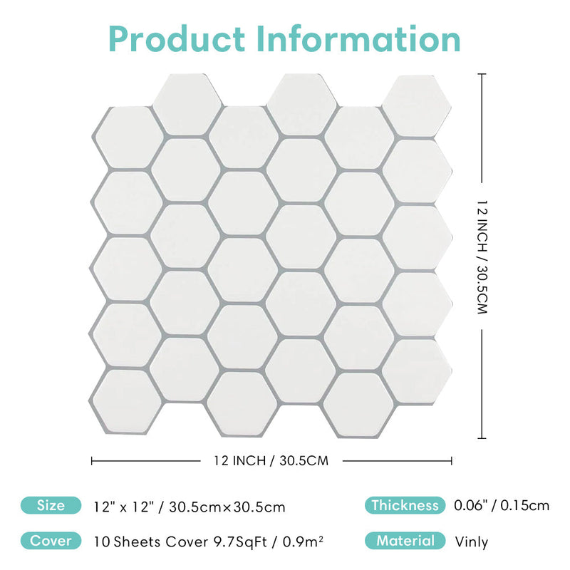 White Hexagon Backsplash Peel and Stick Tile - Thicker Design