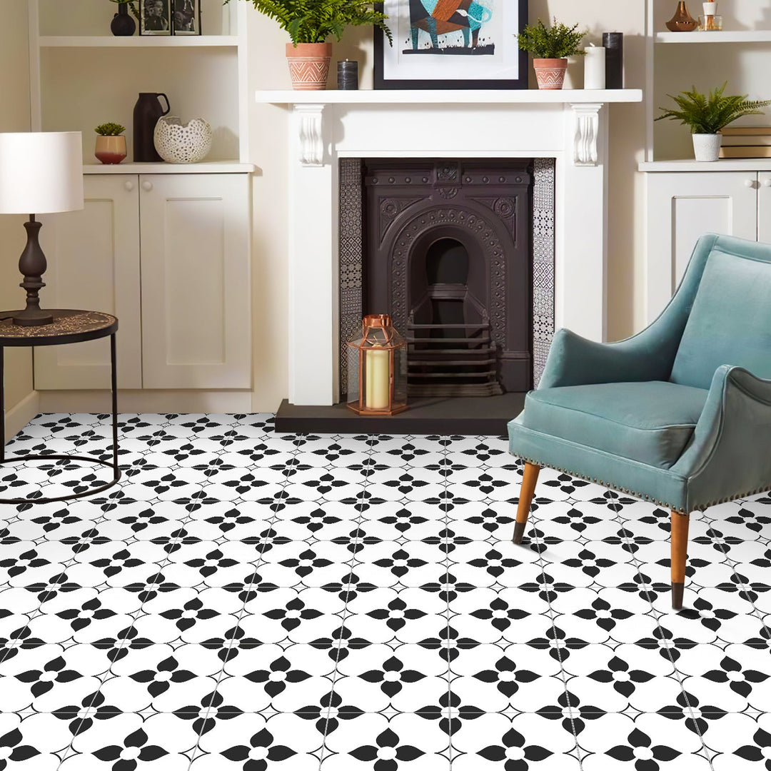 White and Black Flower Peel and Stick Vinyl Floor Tile Sticker