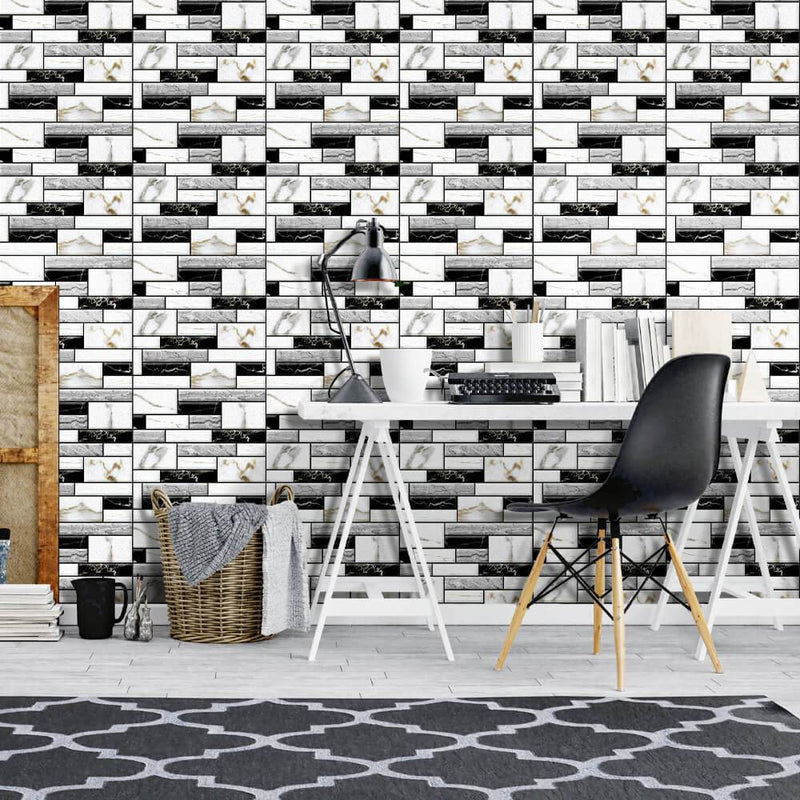 3D Black and White Marble Peel and Stick Wall Tile