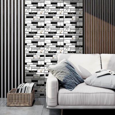 3D Black and White Marble Peel and Stick Wall Tile - Commomy
