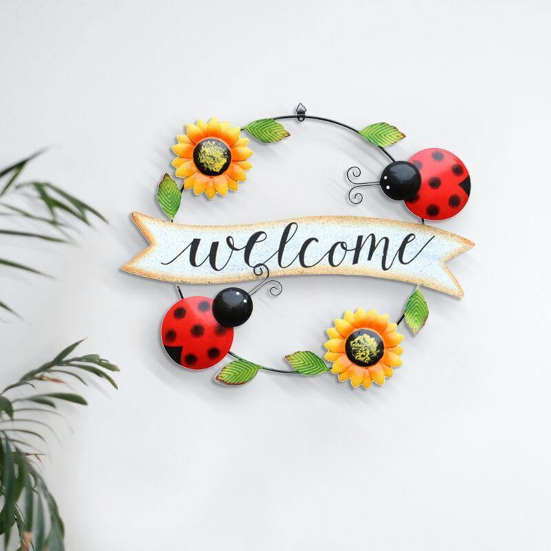 3D Metal Art Sunflower and Ladybug Welcome Sign Wall Decor - Commomy