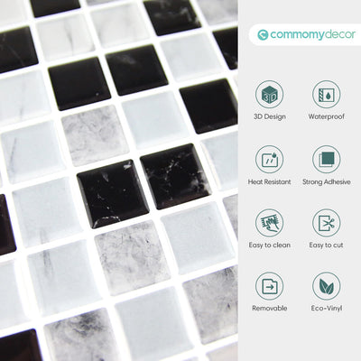 Black and White Mosaic Peel and Stick Backsplash Tile - Commomy
