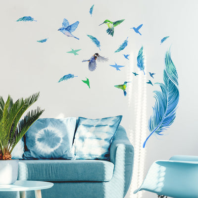 Blue Feather and Birds Peel and Stick Wall Decals_commomy decor