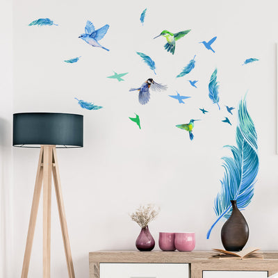 Blue Feather and Birds Peel and Stick Wall Decals_commomy decor