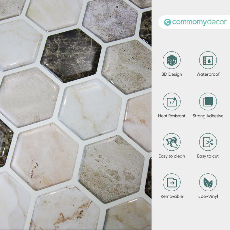 Brown and Pink Hexagon Marble Peel and Stick Backsplash Tile - Commomy