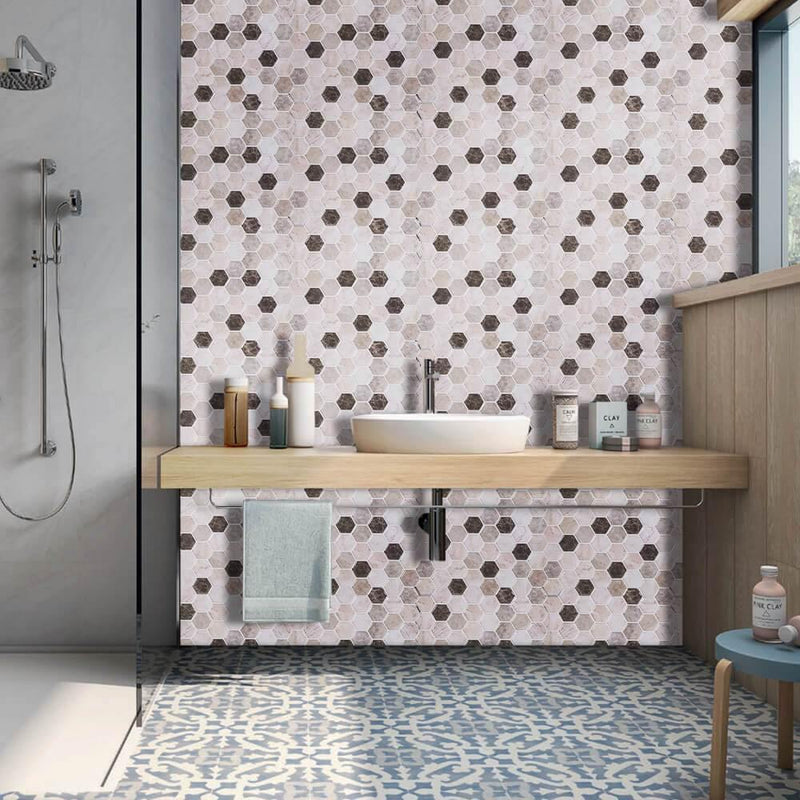 Brown and Pink Hexagon Marble Peel and Stick Backsplash Tile - Commomy
