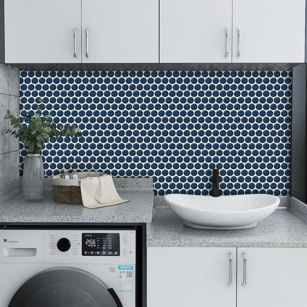 Dark Blue Penny Backsplash Peel and Stick Tile