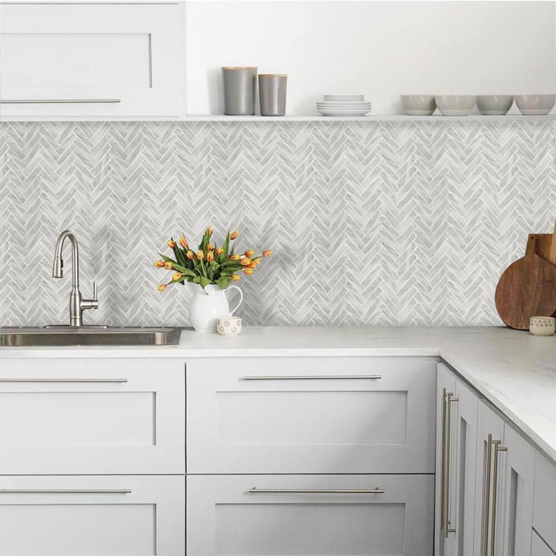 Marble Gray Herringbone Backsplash Peel and Stick Tile - Thicker Desig ...