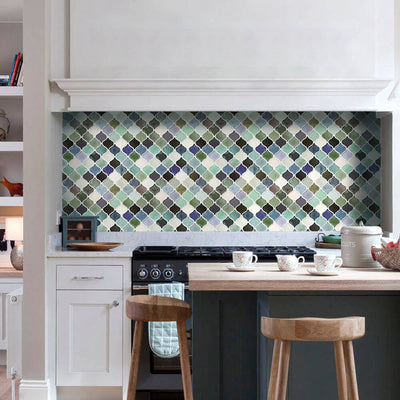 Green and Blue Arabesque Peel and Stick Tile Backsplash Kitchen - Commomy