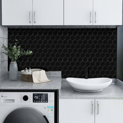 Pure Black Hexagon Peel and Stick Backsplash Tile_Commomy Decor