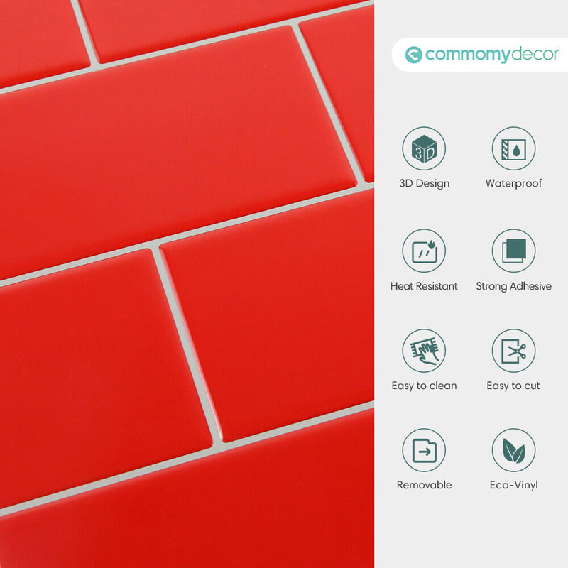 Red Thicker Classic Subway Peel and Stick Backsplash Tile - Commomy