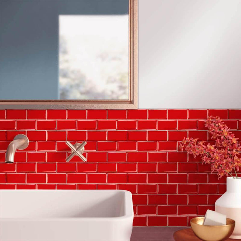 Red Subway Tile Backsplash Peel and Stick for bathroom- Commomy
