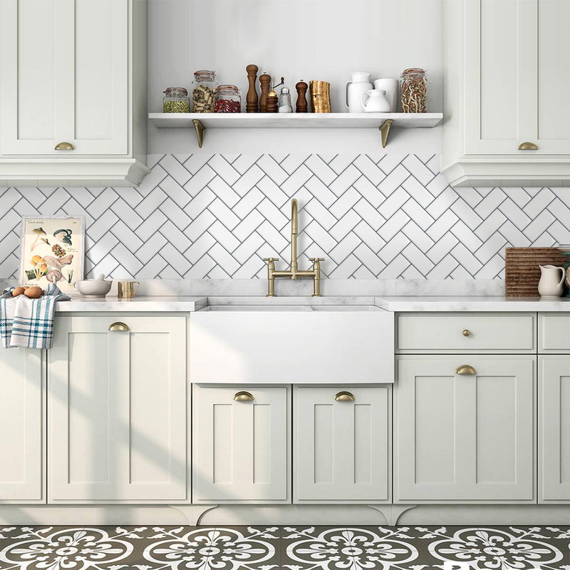 White Herringbone Tile Backsplash