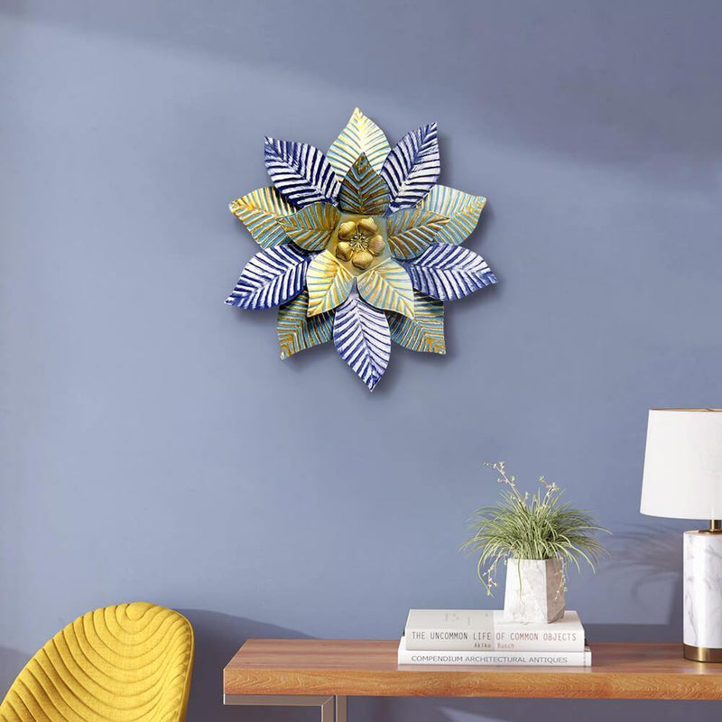 3D Metal Art Vintage Golden and Blue Flower Wall Decor - Commomy