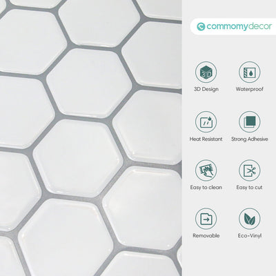 White Hexagon Peel and Stick Backsplash Tile - Commomy