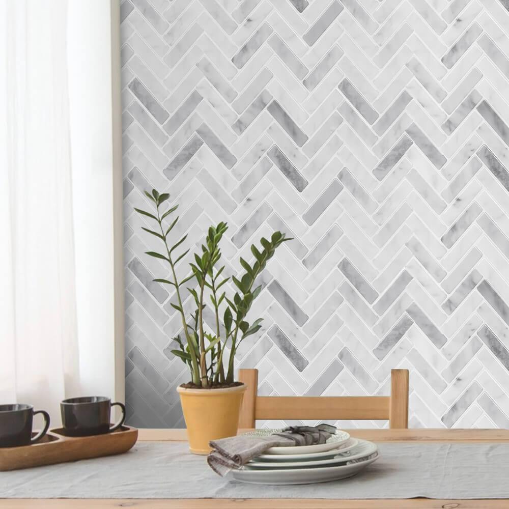 White Herringbone Tile Backsplash
